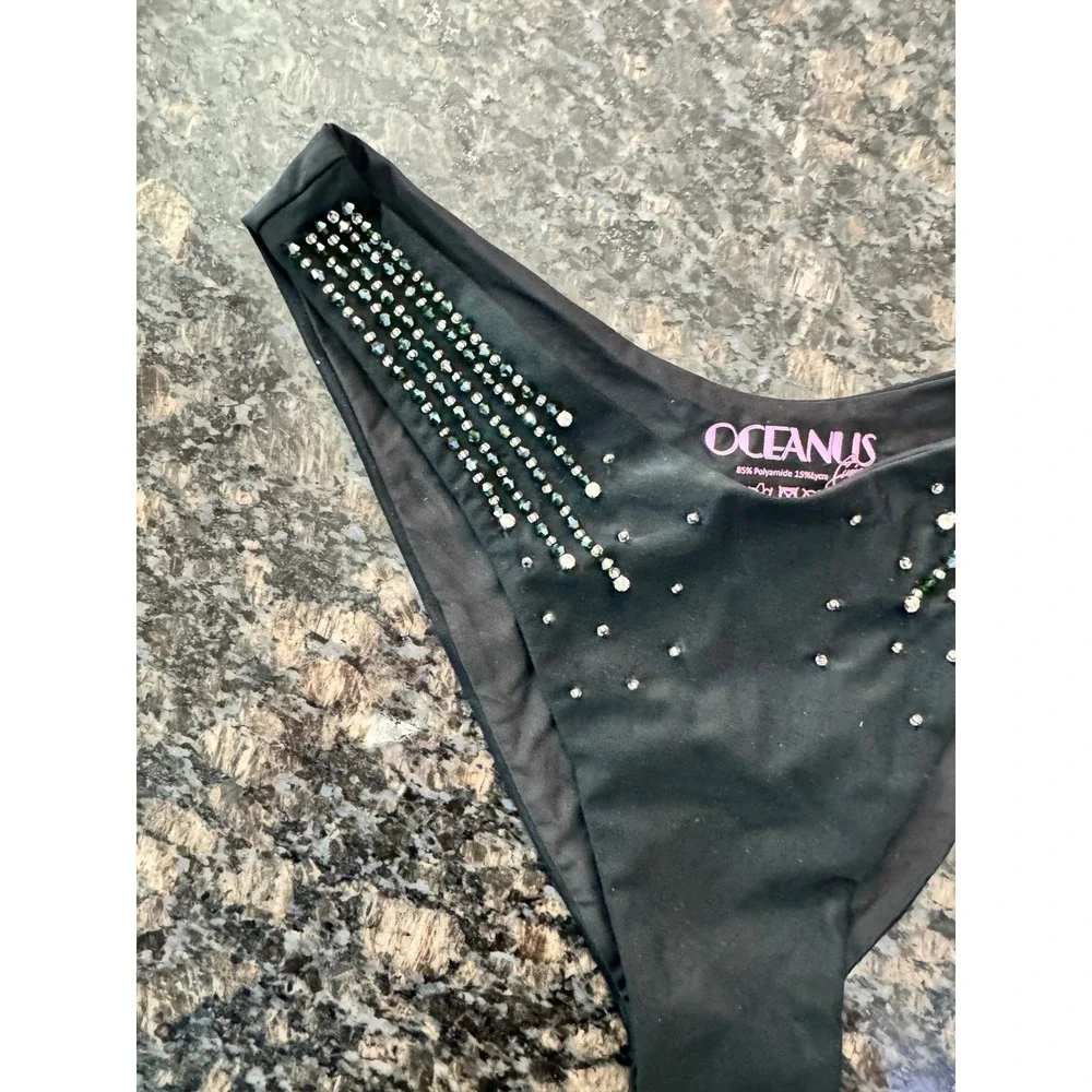 Oceanus Black‎ Beaded High Cut Bikini Bottoms V-Front Swimwear Made in London L